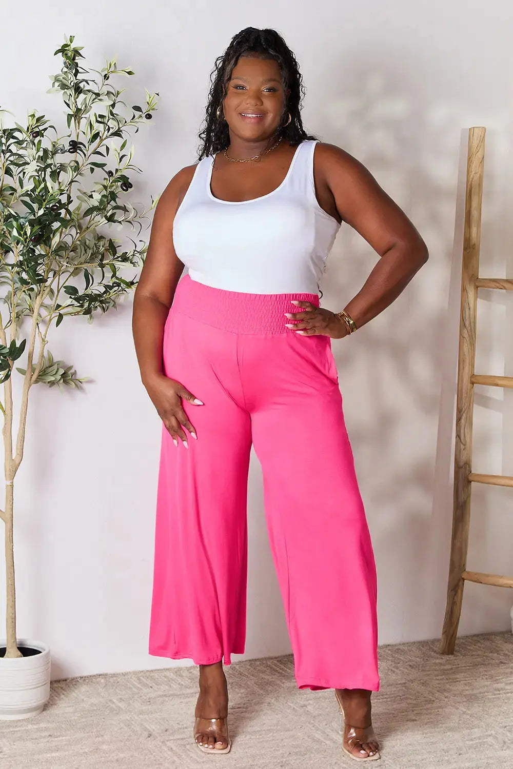 Basic Bae Full Size Smocked Wide Waistband Wide Leg Pants - Love Salve